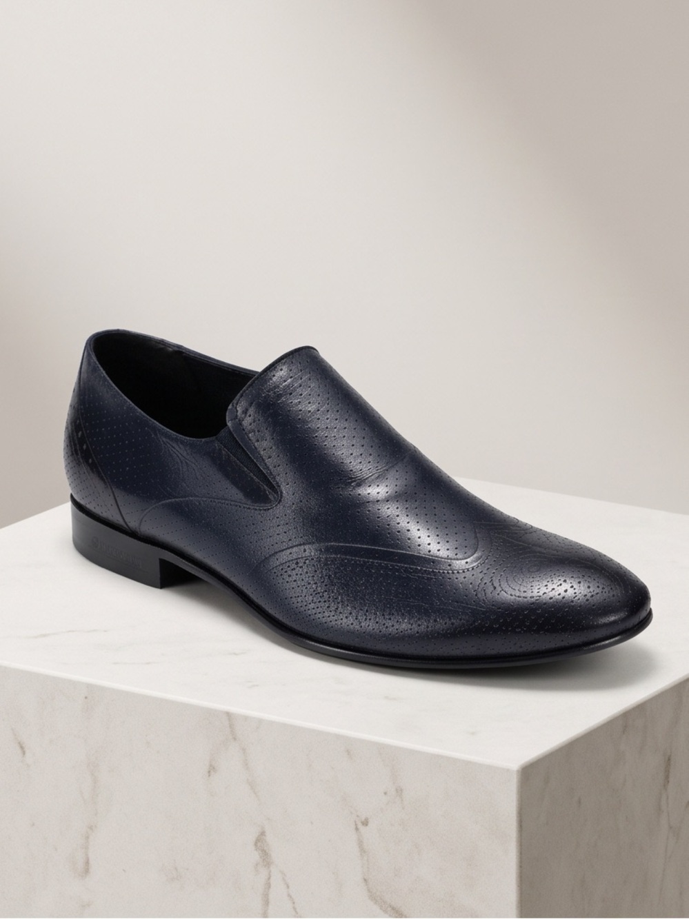 Baldinini Menโs Navy Blue Perforated Soft Leather Comfort Slip-On Loafers